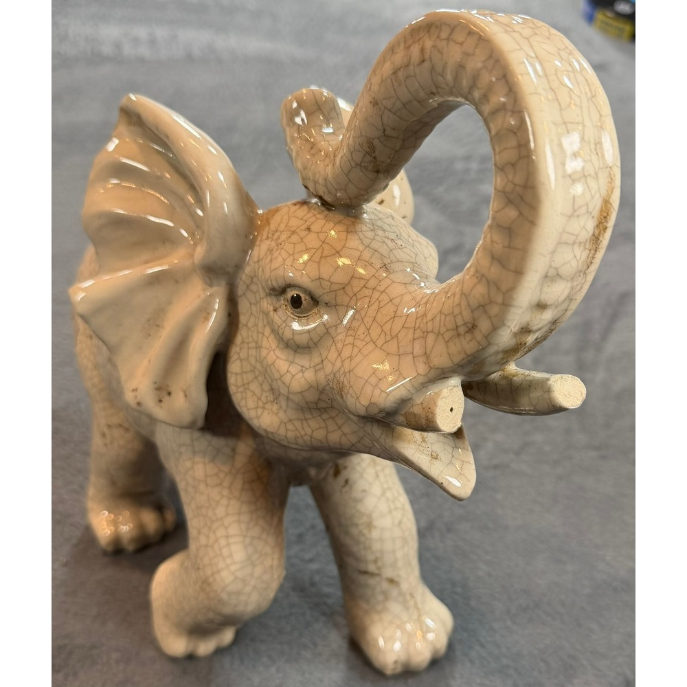 Vintage Ceramic Elephant Figurine Crackle Glaze Lucky Upturned Trunk Off-White - Picture 5 of 16